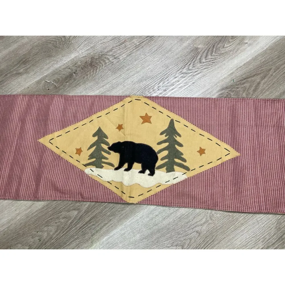 Rustic Lodge Wildlife‎ Table Runner Bear Deer Pine Tree Tapestry Tassel Cabin